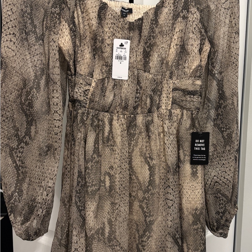 Express Women’s Snake-Print Long Sleeve Dress in Neutral Tones